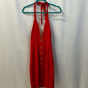 Vernacular Red Halter Deep V Neck Button Front Dress Small NWT